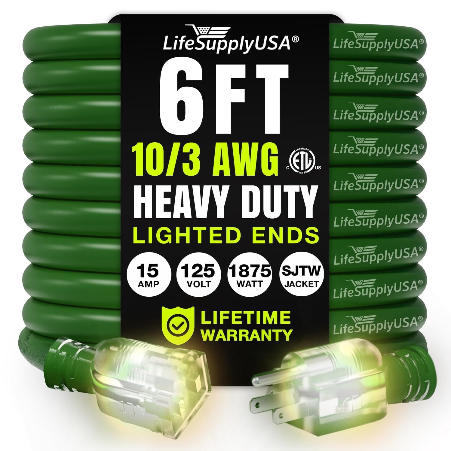6ft Outdoor/Indoor Extension Cord 10/3 Gauge Ultra Heavy Duty 3 Prong SJTW, Waterproof, ETL Listed, Flexible Cold-Resistant Long Power Cord,15A 125V 1875W, Green by LifeSupplyUSA