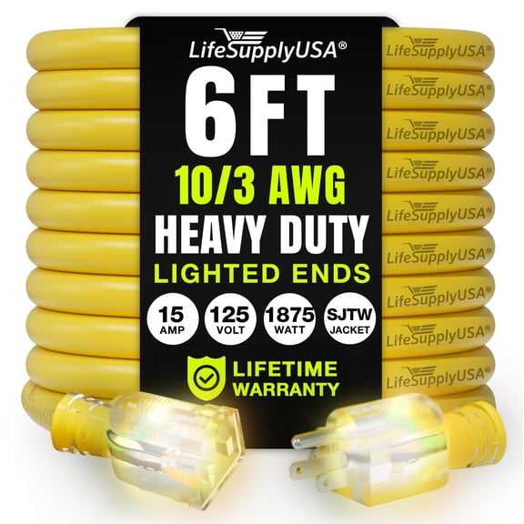 6ft Outdoor/Indoor Extension Cord 10/3 Gauge Ultra Heavy Duty 3 Prong SJTW, Waterproof, Flexible Cold-Resistant Long Power Cord,125 Amp 1875W, Yellow by LifeSupplyUSA