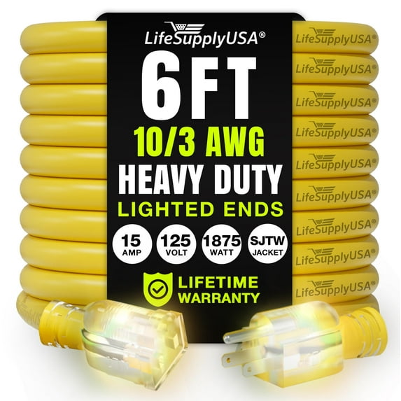 6ft Outdoor/Indoor Extension Cord 10/3 Gauge Ultra Heavy Duty 3 Prong SJTW, Waterproof, Flexible Cold-Resistant Long Power Cord,15A 125V 1875W, Yellow by LifeSupplyUSA