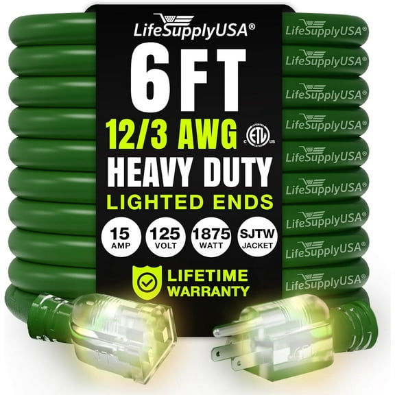 6ft Outdoor/Indoor Extension Cord 12/3 Gauge Extra Heavy Duty 3 Prong SJTW, Waterproof, ETL Listed, Flexible Cold-Resistant Long Power Cord,125 Amp 1875W, Green by LifeSupplyUSA