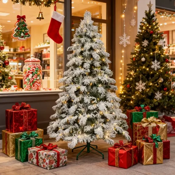 6ft Pre-Assembled Flocked Snowflake Artificial Christmas Tree with 270 Warm Lights, 594 Branch Tips,Easy Assembly and Storage, for Home,Office and Party Decor