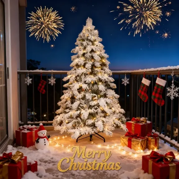 6ft Pre-Assembled Light Flocked Snowflake Artificial Christmas Tree, 594 Branch Tips, 270 Warm Lights, Easy to Assemble and Store, Reusable Holiday Decoration for Home, Festive Decor