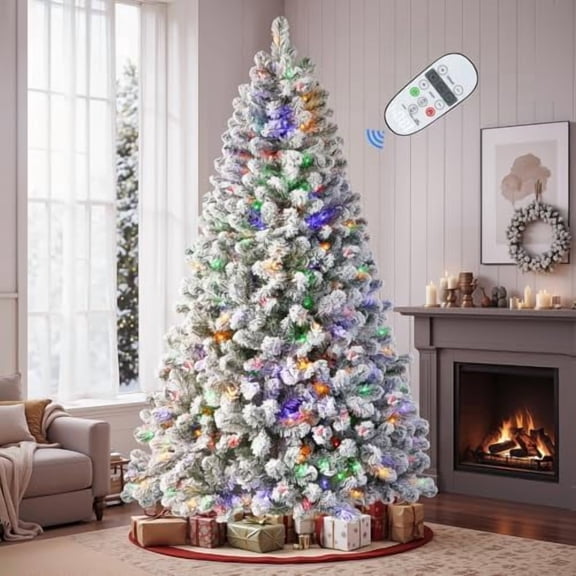 6ft Pre-LIT fLOCKED sPRUCE aRTIFICIAL hINGED WITH rEMOTE, tIMER AND 330 wARM wHITE & mULTI- lIGHTS, 950 bRANCH tIPS, pERFECT cHOICE FOR xMAS dECORATION, 6 ft, wHITE