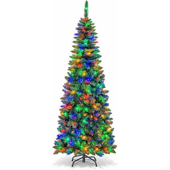 6ft Pre Lit Artificial Christmas Tree, Slim Xmas Tree with Warm White LED Lights, Holiday Decor for Home Office Festive Season