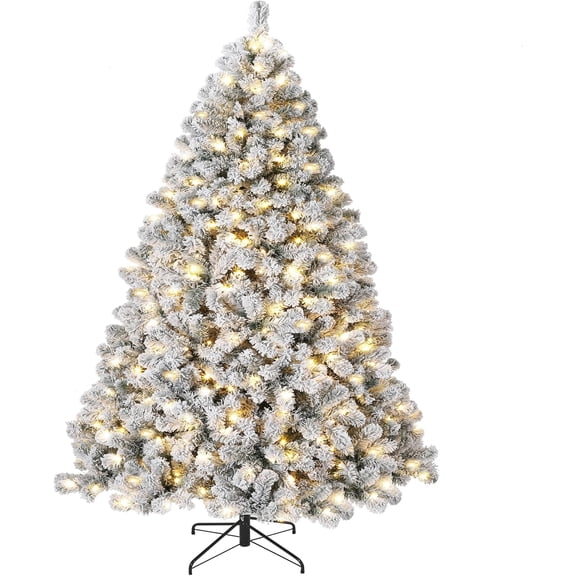 6ft Pre-Lit Artificial Christmas Tree with 250 Lights, 710 Snowy White PVC Branches, Foldable Metal Stand & Easy Assembly