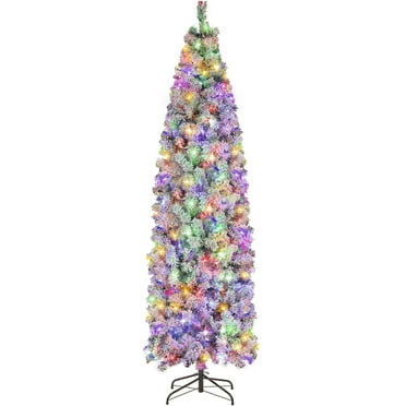 6ft Pre-Lit Artificial Pencil Christmas Tree with 506 Snow Flocked Branches, 250 Multi-Color Lights