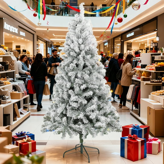 6ft Pre-Lit Artificial Snow Flocked Christmas Tree Premium Snow Flocked Hinged Artificial Christmas Tree Holiday Decoration