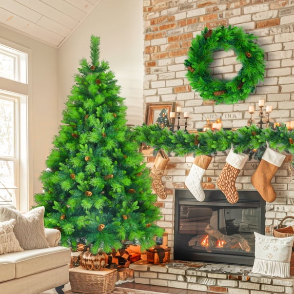 6ft Pre-Lit Aspen Fir Artificial Christmas Tree with Wreath & Garland,Grass Green Xmas Tree with 430 Multi-Color LED Lights,1114 PE Branch Tips,for Indoor Holiday Decor,Green