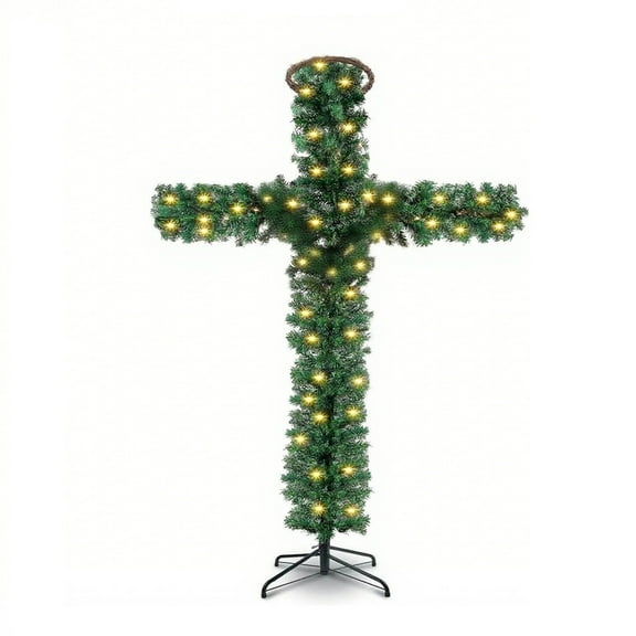 6ft Pre-Lit Christmas Tree - Cross Shape, Artificial Pine Cross Tree with Light String & Rattan Ring Holiday Decoration for Home, Office, Party Decoration Lights, Foldable Base