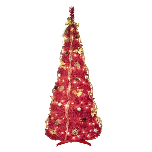 6ft Pre-Lit Christmas Tree, Red Artificial Fir Tree, Full Flocked Christmas Tree with 600 Tips, Fireproof PVC, Easy Assembly, Stable Metal Stand for Holiday Decor