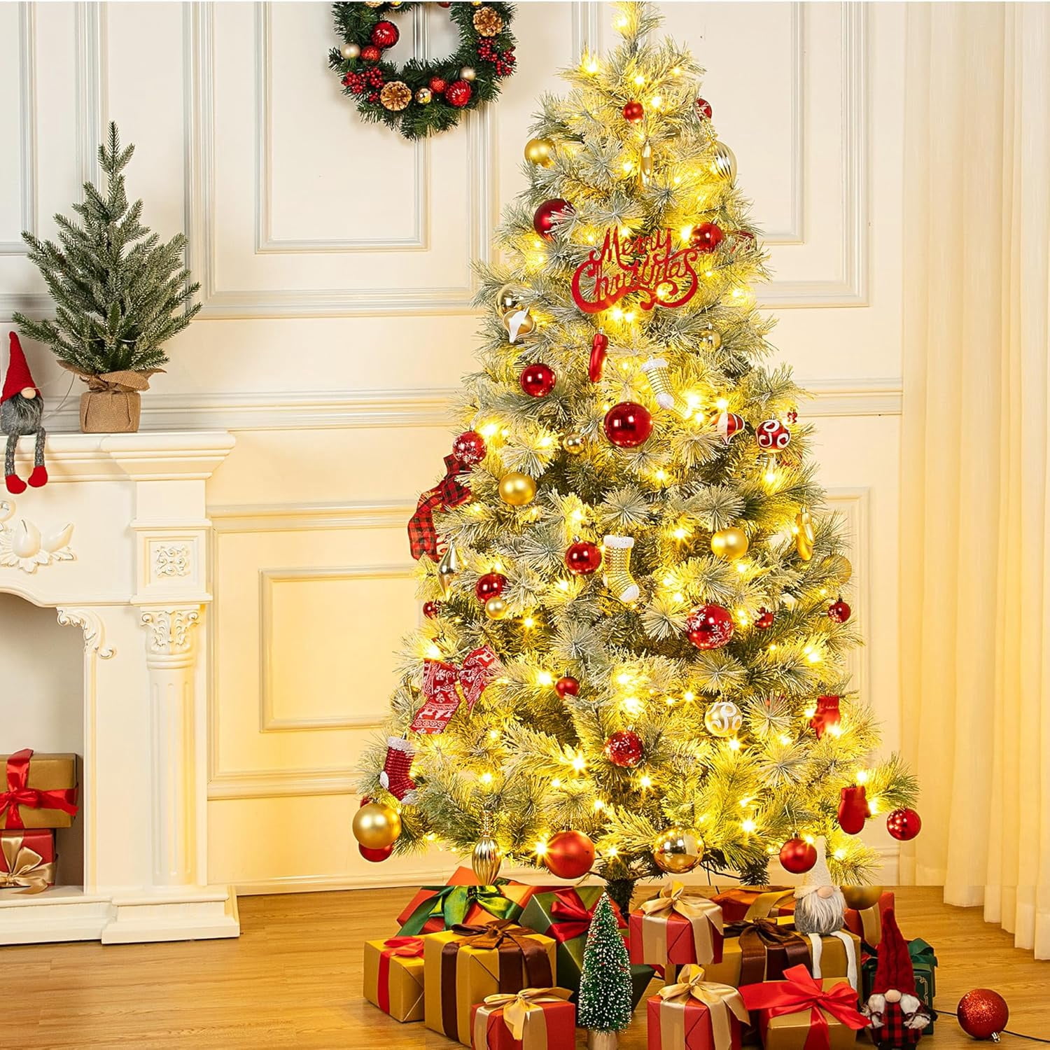 6ft Pre-Lit Flocked Spruce Christmas Tree, 250 Warm White Lights, 568 ...