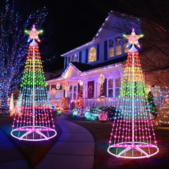 6ft Pre-Lit Outdoor Christmas Tree with 205 LEDs, Tree Top Star & Remote, Animated Light Show, Weather-Resistant, for Patio Porch Indoor/Outdoor Holiday Decorations