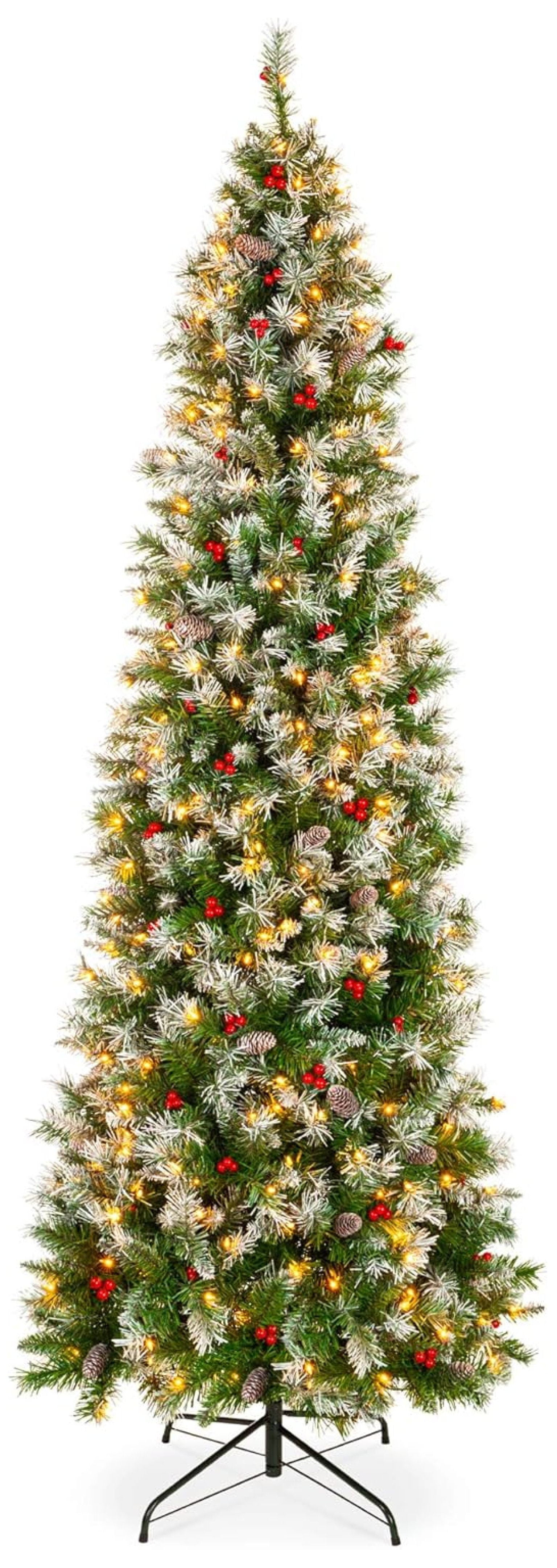 6ft Pre-Lit Pencil Christmas Tree, Partially Flocked Pre-Decorated for Home, Skinny Frosted Holiday Tree w/ 618 Tips, 250 Lights, Pine Cones, Metal Hinges \u0026 Base