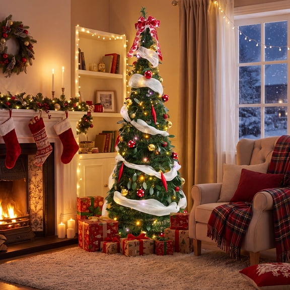 6ft Pre-Lit Pop-Up Christmas Tree with 200 LED Lights, Red & Gold Ball Ornaments Slim Collapsible Artificial Holiday Tree for Home Decor
