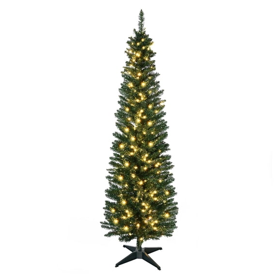 6ft Pre-Lit Slim Christmas Tree, Noble Fir Artificial Pencil Tree with 200 Warm White LED Lights & 390 Tips - Indoor Holiday Decorations