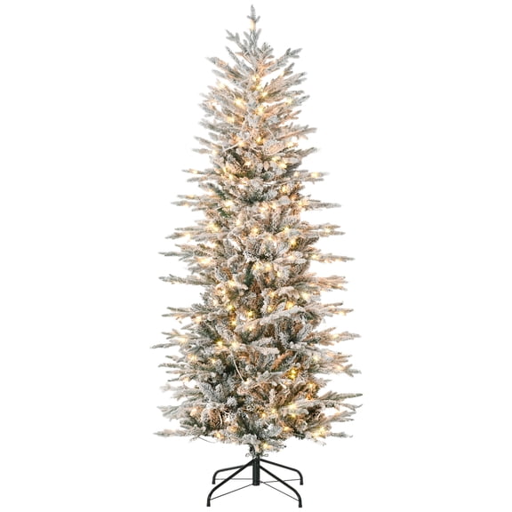 6ft Pre-Lit Snow Flocked Artificial Christmas Tree, 636 Branches, 250 Warm Yellow Clear Lights, Auto Open, Extra Bulb for Holiday Decoration