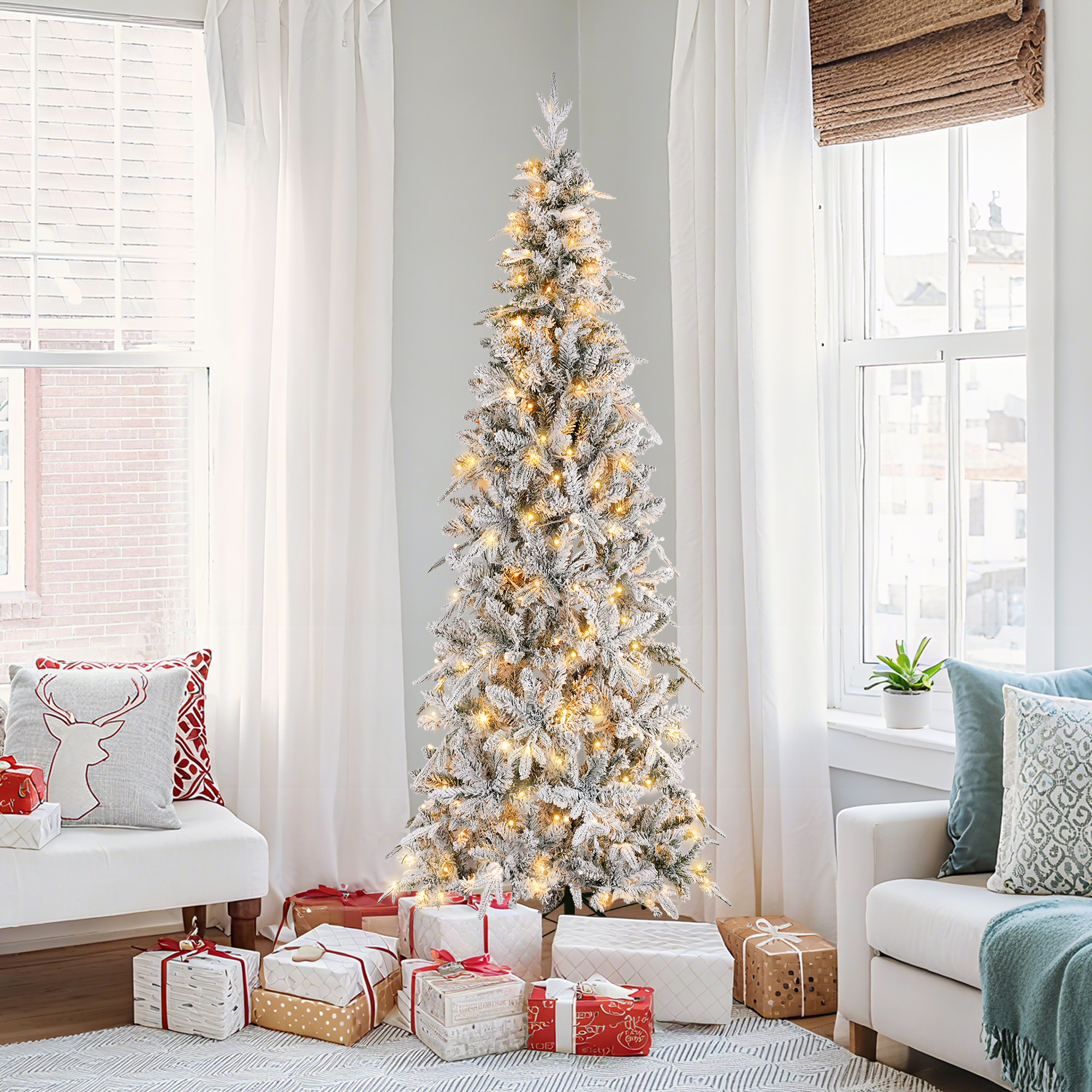 Qunler 6ft Pre-Lit Snow Flocked Artificial PE+PVC Christmas Tree with 250 Warm White 8 Modes LED Lights, Green