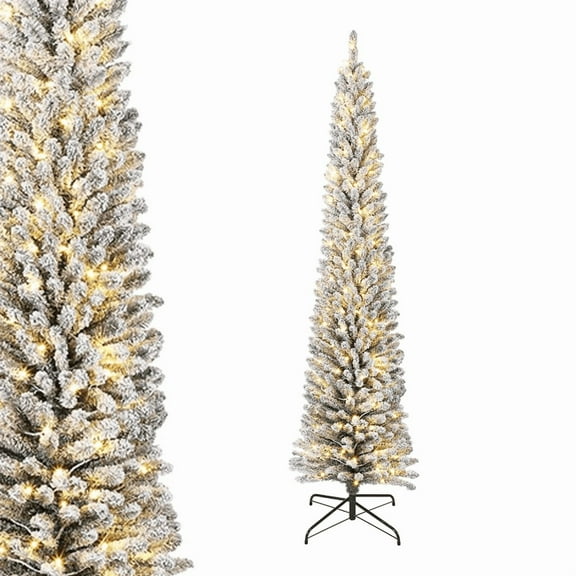 6ft Pre-Lit Snow Flocked Pencil Christmas Tree, Artificial Slim Xmas Tree with 250 Warm-White Incandescent Lights, 466 Branch Tips, Pine Needles, Metal Stand, for Home Office Holiday Decor