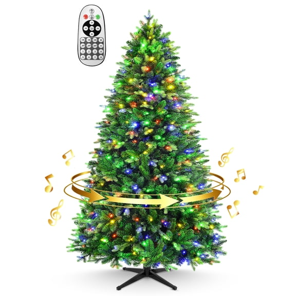 6ft Pre-Lit Spinning Christmas Tree with Music, PE&PVC mixed, 860 tips, 280 dual-color LED lights, 8 light modes & remote for indoor decor
