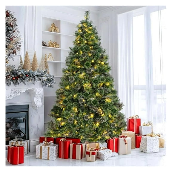 6ft Pre-lit Artificial Christmas Tree, PVC&PE Cashmere Hinged Xmas Tree, Fluffy Snow Flocked Pine Tree, w/ Branches, 250 Warm Lights, Metal Stand, Home Holiday Party Decor