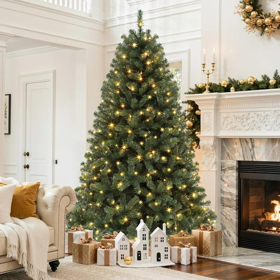 MY 6ft Pre-lit Artificial Christmas Tree, Spruce Prelit Christmas Trees for Home, Office, Party with 1000 Thickened Branch Tips & 250 UL Listed Lights Green, Automatic Branches with Remote Control