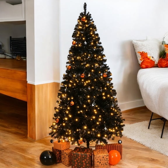 6ft Pre-lit Black Christmas Tree, Hinged Artificial Halloween Tree w/ 250 Warm White LED Lights & Remote Control, Perfect Xmas Decoration for Holiday Festival Parties