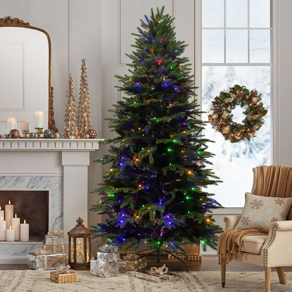 6ft Pre-lit Christmas Tree, Artificial Classic Spruce Christmas Tree with 250 Warm White Lights, 1481 Branches Tips and Foldable Metal Stand, Perfect Choice for Xmas Decoration