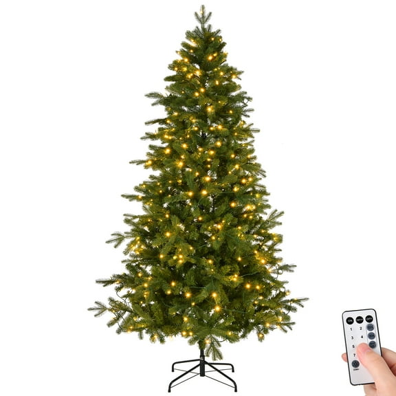 6ft Pre-lit Christmas Tree, Lighted Artificial Pine Tree w/728 Tips, 300pcs Warm Lights, 3-step Assembly, Green