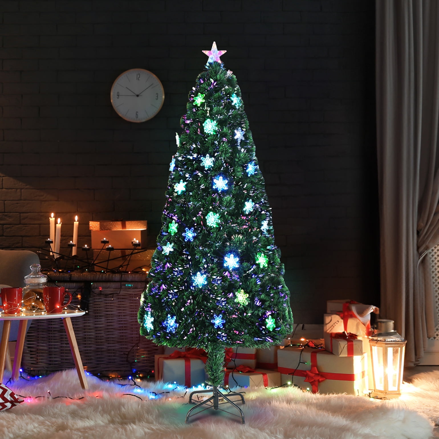 6ft Pre-lit Fiber Optic Artificial Christmas Tree w/ 36 Multicolor LED Lights, 230 Tips, Snowflakes & Top Star, Lighted Xmas Tree for Indoor Holiday Home Decoration