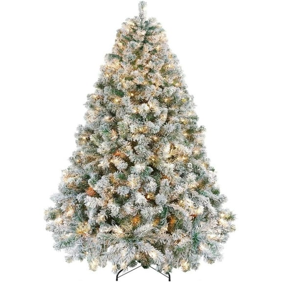 6ft Pre-lit Flocked Artificial Christmas Tree with 150 Warm White LED Lights, Snow Dusted PVC Xmas Tree with Metal Stand for Home Office Holiday Decor