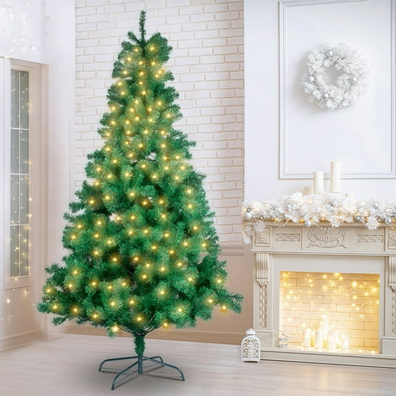 6ft Pre-lit Hinged Artificial Christmas Tree,  8 Light Modes, Easy Assembly for Xmas