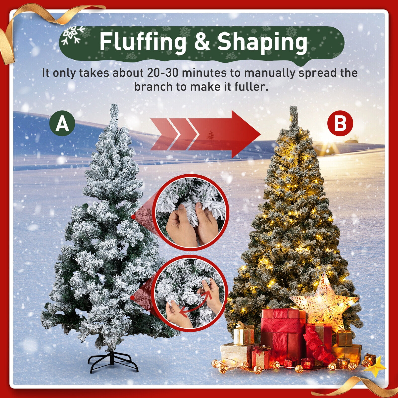 6ft Prelit Snowy Flocked Christmas Tree with Warm White Lights Holiday