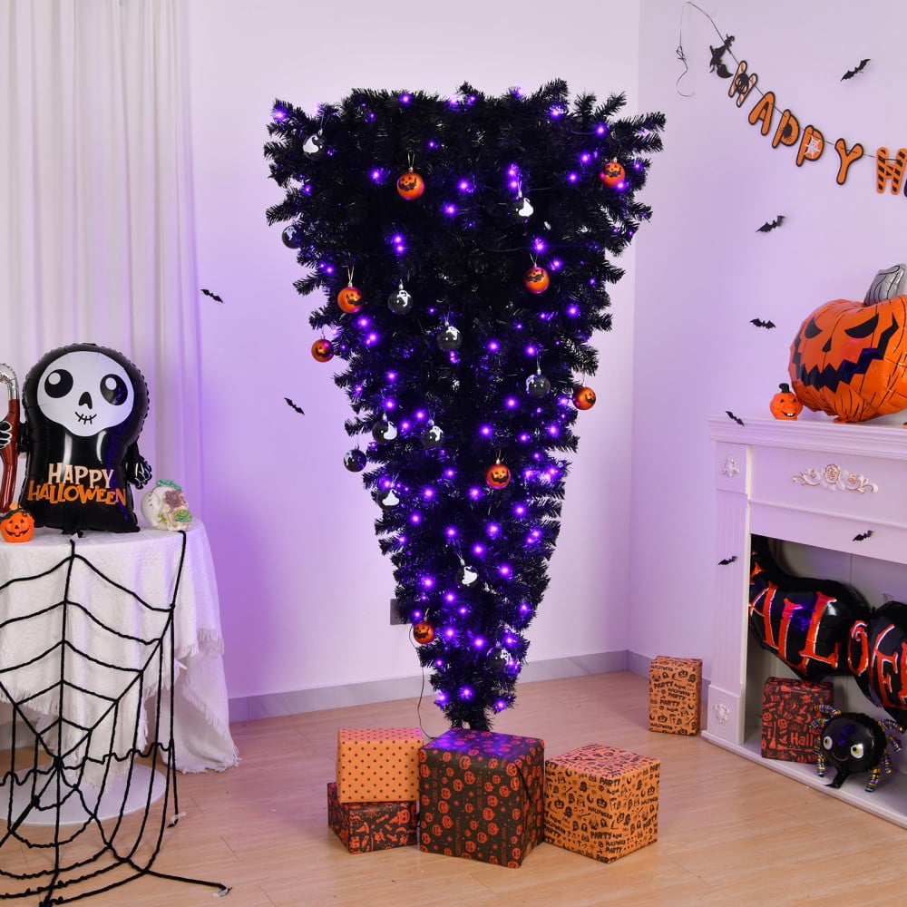 6ft Pre-lit Upside Down Christmas Tree, Black Artificial Halloween Tree ...