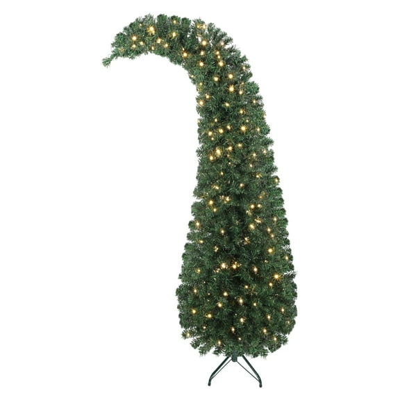 6ft Prelit Bent Top Christmas Tree, Slim Xmas Fir with 200 LEDs & Metal Stand - Green