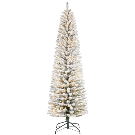 6ft Prelit Flocked Pencil Christmas Tree with Lights, Slim Artificial Xmas Tree with Snowy Branch Tips & Sturdy Metal Stand for Indoor Holiday or Party Decor