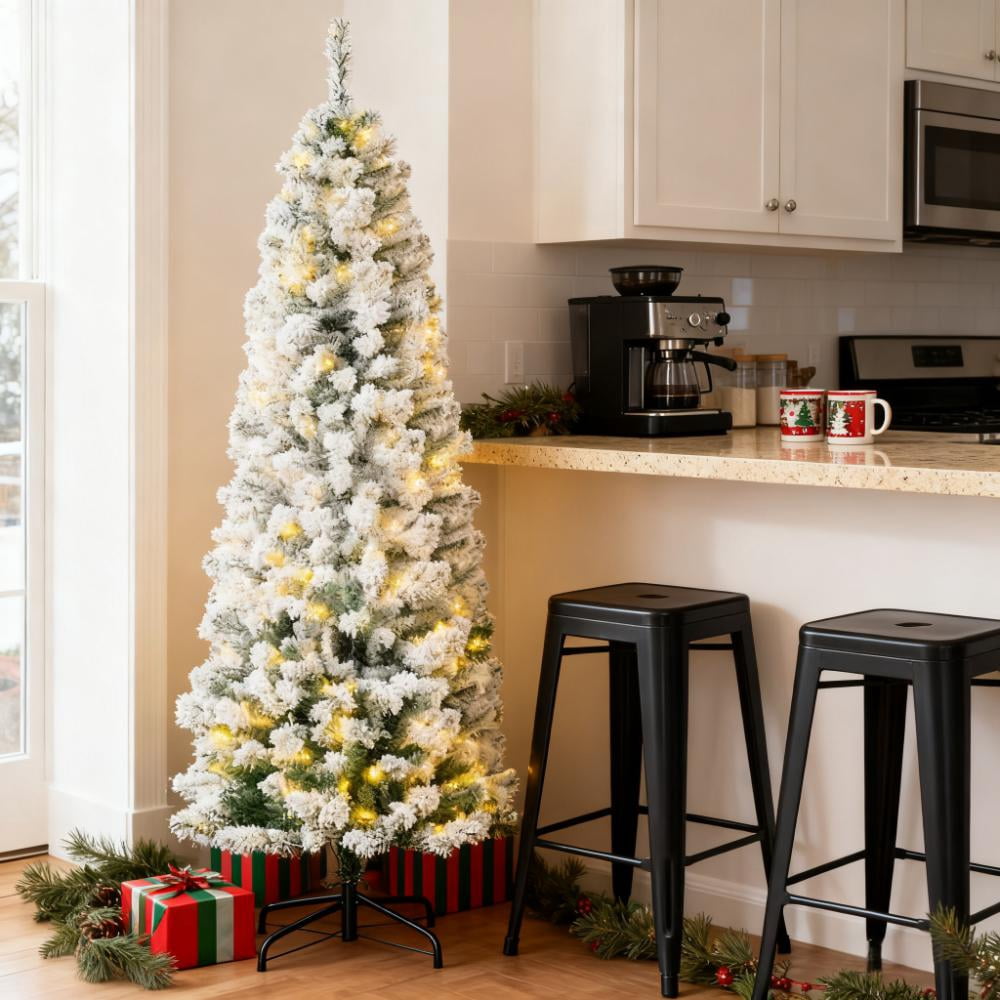6ft Prelit Snow Flocked Christmas Tree with 250 LED Lights 462 Tips Easy Assembly Indoor Decor