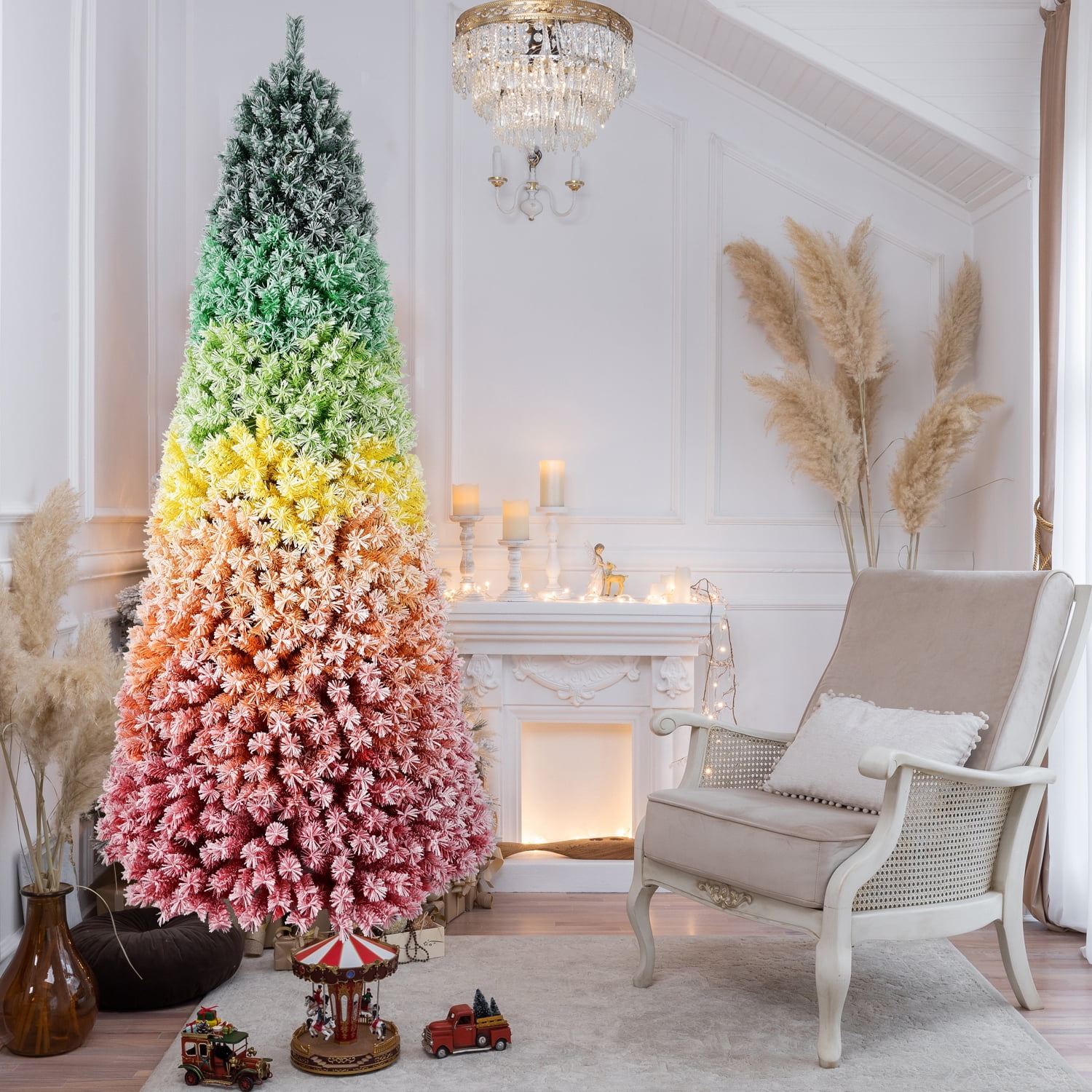 6ft Rainbow Gradient Flocked Christmas Tree 1326 Tips Metal Stand Unique Holiday Decor
