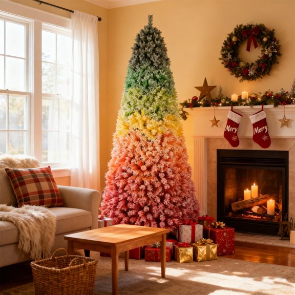 6ft Rainbow Gradient Flocked Christmas Tree with 1326 Tips Snow Artificial Xmas Tree for Holiday Home Decor