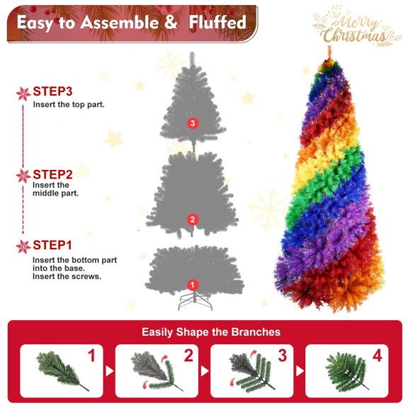 6ft Rainbow Spiral Christmas Tree with 1248 Branch Tips, Colorful PVC Artificial Holiday Tree for Indoor Decoration, Sturdy Metal Stand Included, Unique Spiral Design for Party or Home Display