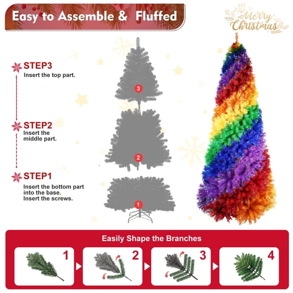 6ft Rainbow Spiral Christmas Tree with 1248 Branch Tips Colorful PVC Artificial Holiday Tree for Indoor Decoration Sturdy Metal Stand Included