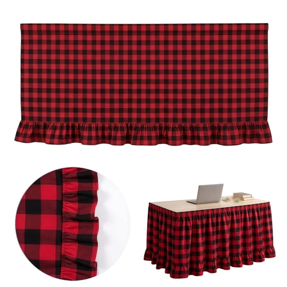 6ft Red Black Buffalo Plaid Teacher Desk Skirt, Scalloped Ruffled Hook & Loop Table Skirt, Full Floor Coverage Polyester Cover for Classroom Office Reception Back to School