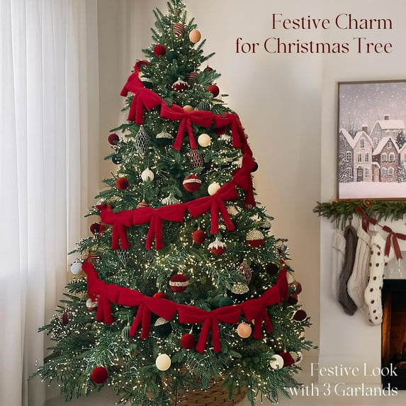 6ft Red Bow Garland for Christmas Tree,Red Velvet Bow Garland ,Xmas Decor for Mantel Fireplace Shelf Cabinet Stand Door Window Frame Bedroom Living Room Home Entryway Indoor Holiday Decoration