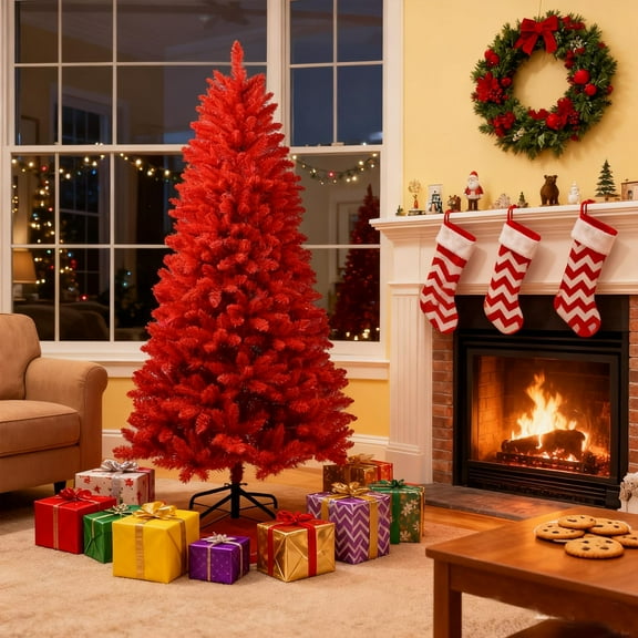 6ft Red Christmas Tree, Premium Full Artificial Xmas Tree with 804 Tips for a Bold Look, Easy Setup & Stable Metal Stand Included for Unique Holiday Decor