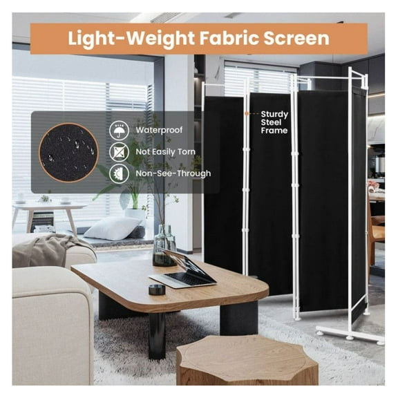 6ft Room Divider 6-Panel, Steel Frame Privacy Screen - Polyester Fabric Folding Partition for Home, Office, 10ft x 6ft, White/Black/Brown