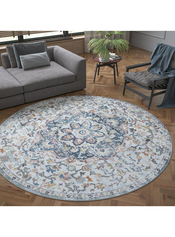 6ft Round Modern Cream Round Area Rugs for Living Room | Bedroom Rug | Dining Room Rug | Indoor Entry or Entryway Rug | Kitchen Rug | Alfombras para Salas 5'3'' Round