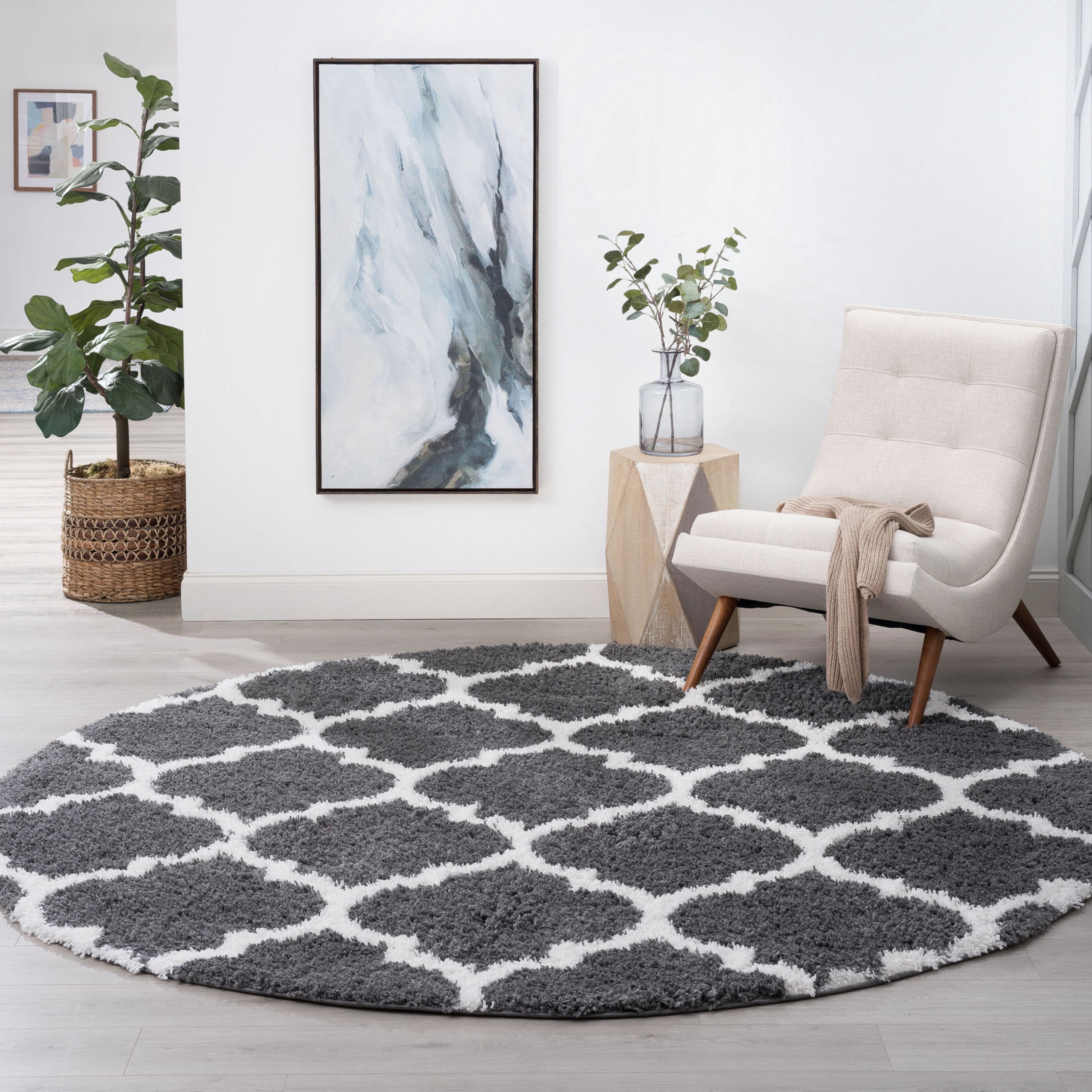 Jersey Shag Transitional Geometric Gray and White Polypropylene Indoor Area Rug, 6'x6' Round