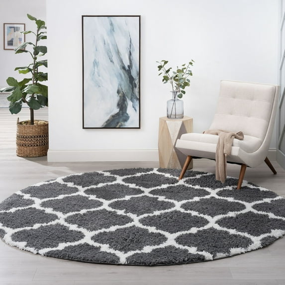 Jersey Shag Transitional Geometric Gray and White Polypropylene Indoor Area Rug, 6'x6' Round