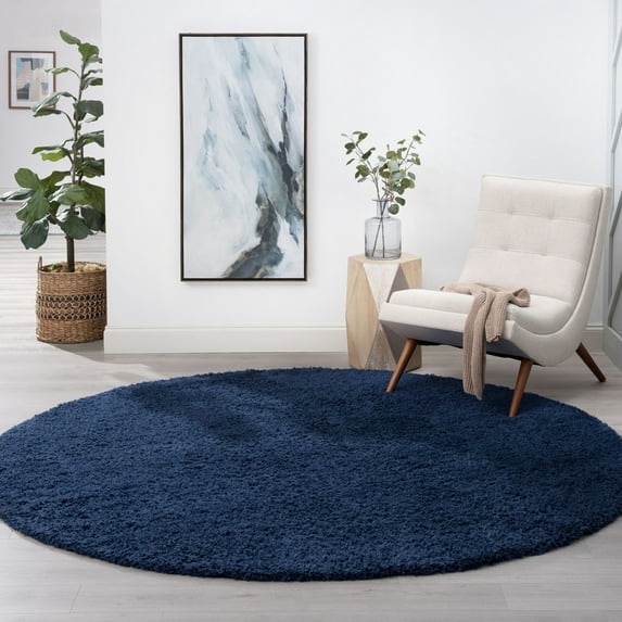 Bliss Rugs Shag Transitional Solid Round Rug for Living Room, Dining Room | Navy, 5'3''Round
