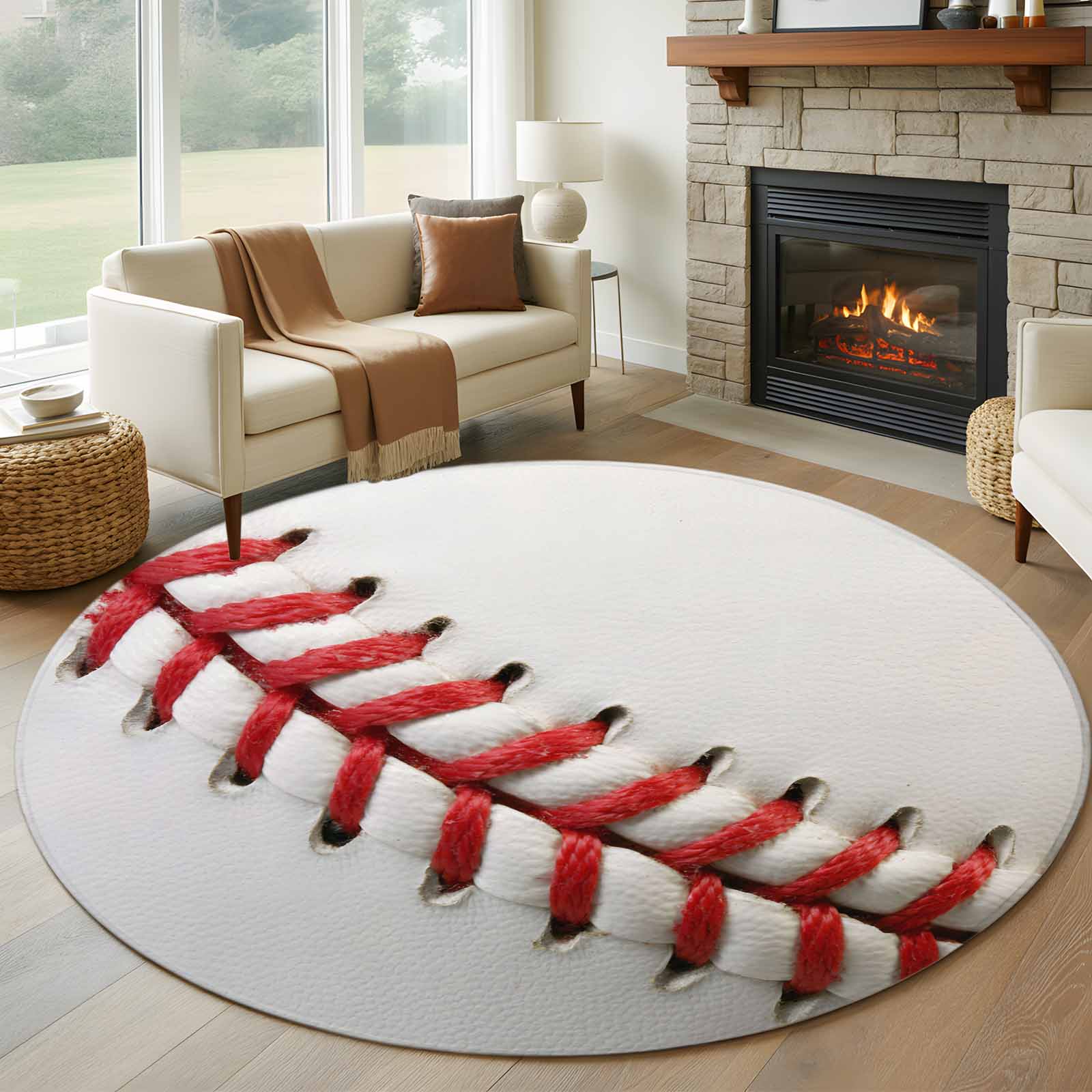 Ball Rug R Ug 6ft Round Rug, Baseball Non-Skid Rubber Backing Large Area Rugs ...
