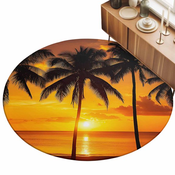 6ft Round Rug Beach Sunset Area Rugs for Living Room Bedroom Washable Non Slip Circle Rug Low Pile Ocean Coconut Orange Coastline Landscape Indoor Floor Carpet for Kitchen Entryway Office Dining Room